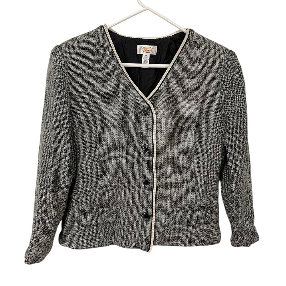 Talbots 14 Black White Silk Blazer Tweed Button Jacket Business Office Wear